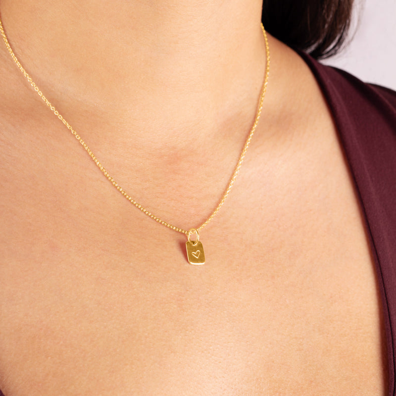 Hand-Stamped Heart Necklace - Rectangle - Gold