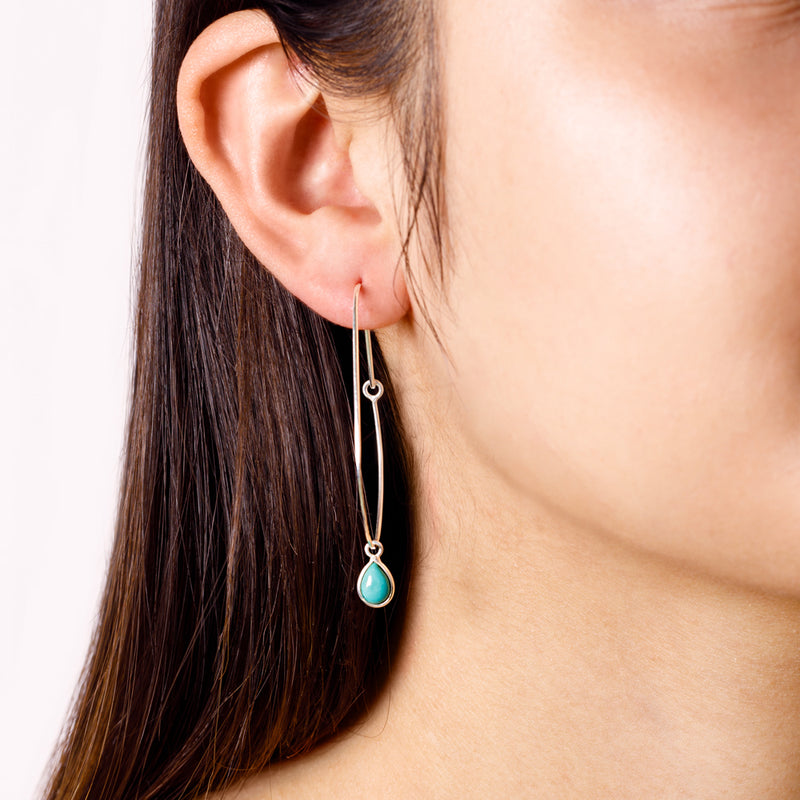 Oval Turquoise Hoops in Gold - 2 1/8" L