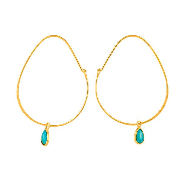 Oval Turquoise Hoops in Gold - 2 1/8" L