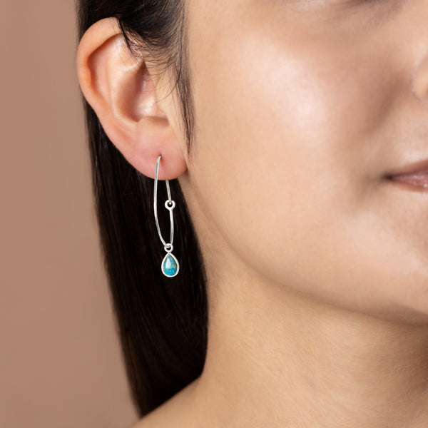 Oval Turquoise Hoops in Silver - 1 1/4" L