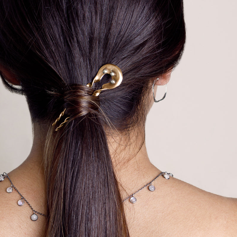 Twisted & Studded Hair Pin in Bronze with Silver Beads