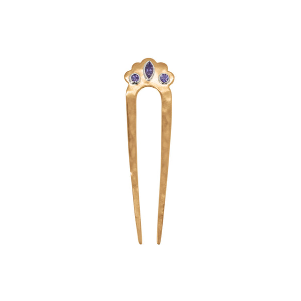 Cut Stone Fado Hair Pin in Iolite & Bronze - Small