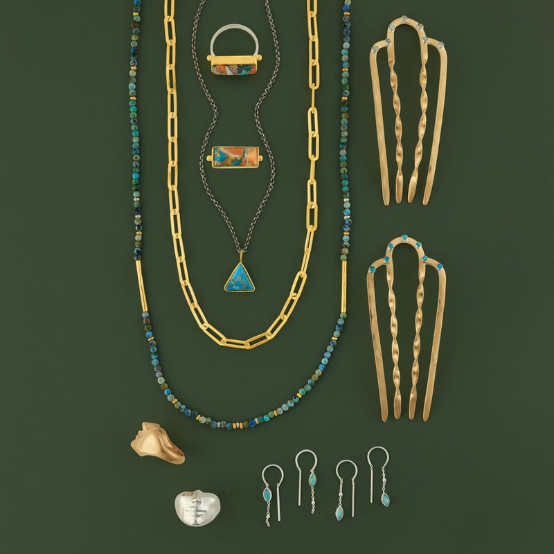 Triad Necklace in Turquoise & Gold & Antiqued Sterling