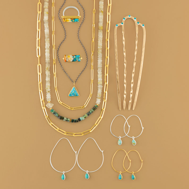 Triad Necklace in Turquoise & Gold & Antiqued Sterling