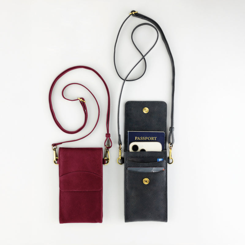 On the Move Leather Phone Bag in Bordeaux Red