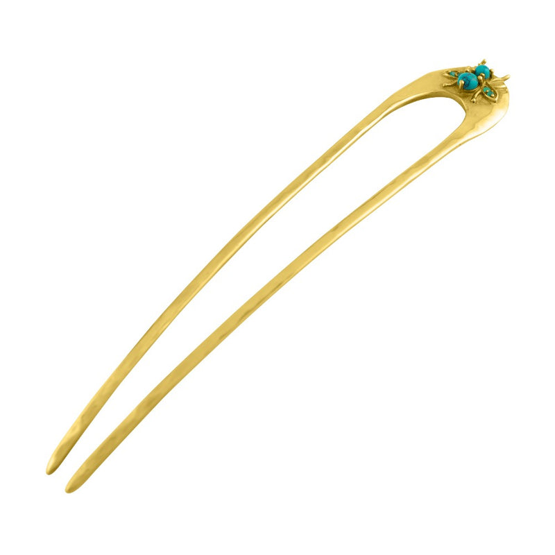 Arc Jeweled Cornu Hair Pin in Gold with Chrysocolla and Chrysoprase