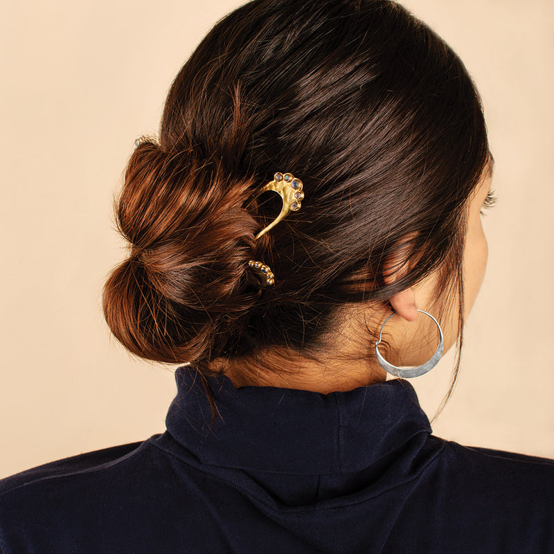 Jeweled Fado Hair Pin in Gold & Labradorite - Large