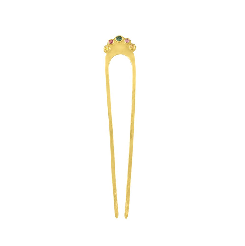 Jeweled Fado Hair Pin in Gold & Tourmaline - Large