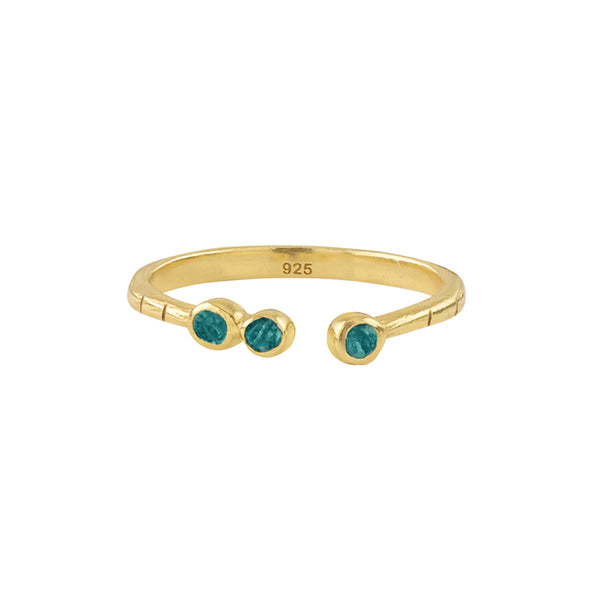Souffle Trio Stone Stacker Ring in Blue Apatite and Gold - Notched Band