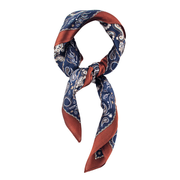 Bordered Silk Paisley Scarf - Navy & Copper