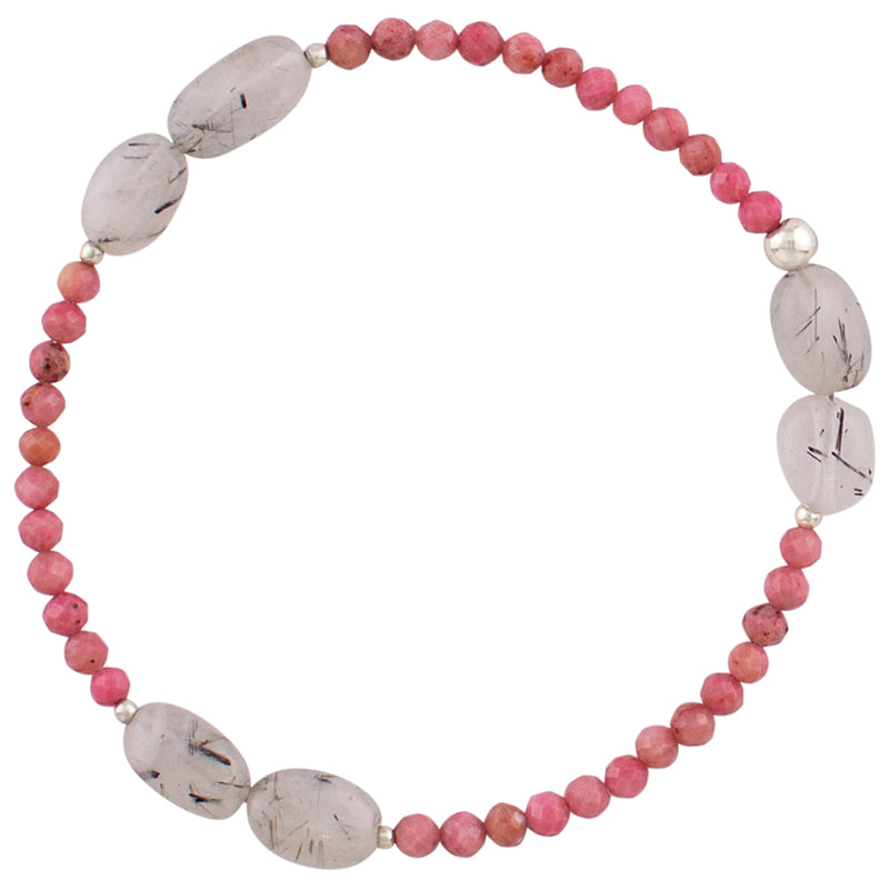 Pyrite's Booty Bracelet in Pink Rhodonite & Smooth Oval Rutilated Quartz